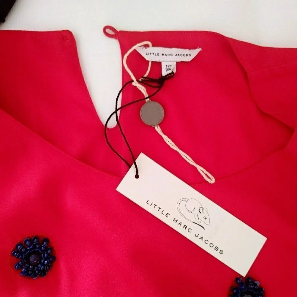 NWT Little Marc Jacobs Red and Purple Crepe Medi Dress Beaded Flowers Size 12+